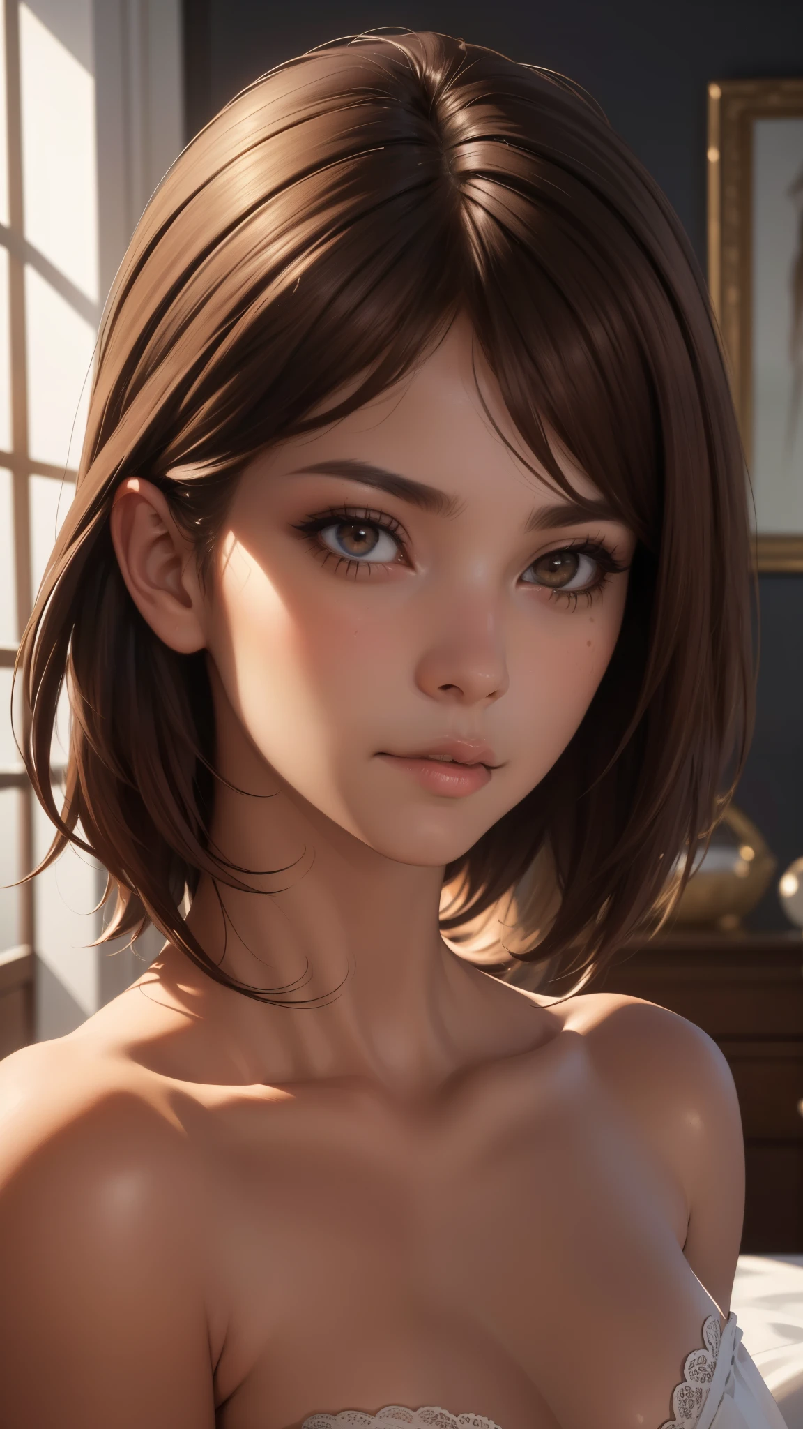 (NSFW), Masterpiece of Erotic Art, Highest Quality, Highest Quality Unity 8k Wallpaper, Realistic, Unity Render, 8k Wallpaper, Official Art, Extremely Detailed CG Unity 8k Wallpaper, (Realistic: 1.4), Super Detailed, High Resolution, Super Detailed, Wonderfully Crafted, The Finer Details, Cinema Lighting, (Brown Hair: 1.4), Medium Length Hair, (Reality Skin: 1.2), Glowing, Light Brown Skin Tone, Beautifully Detailed, The Eyes and Face are Incredibly Detailed, Stunning Eye