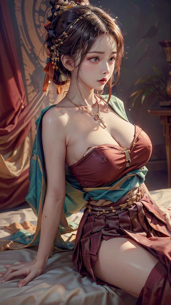 （RAW photograph)，(best qualtiy）， best qualtiy，  (highly detailed)，((( masterpiece)))， ultra - detailed， illustration， one-girl， （huge and natural boobs)，(cleavage）， dynamic angle， best qualtiy， extremely detailed CG unity 8k wallpaper，Movie Lighting，(Dunhuang-style women wear waist skirts)，(Upper body dark red collared shirt)，(Wrapped in a heavy chest)，(The waist is just tied around the waist)，Pendant with pressed skirt beads，( pale white pleated skirt)；Eyes like apricots，The lips are lit with vermilion rouge，With an intellectual temperament，Beautiful without losing stability and maturity, (cross_legs), sitting position, (bottom-side view)