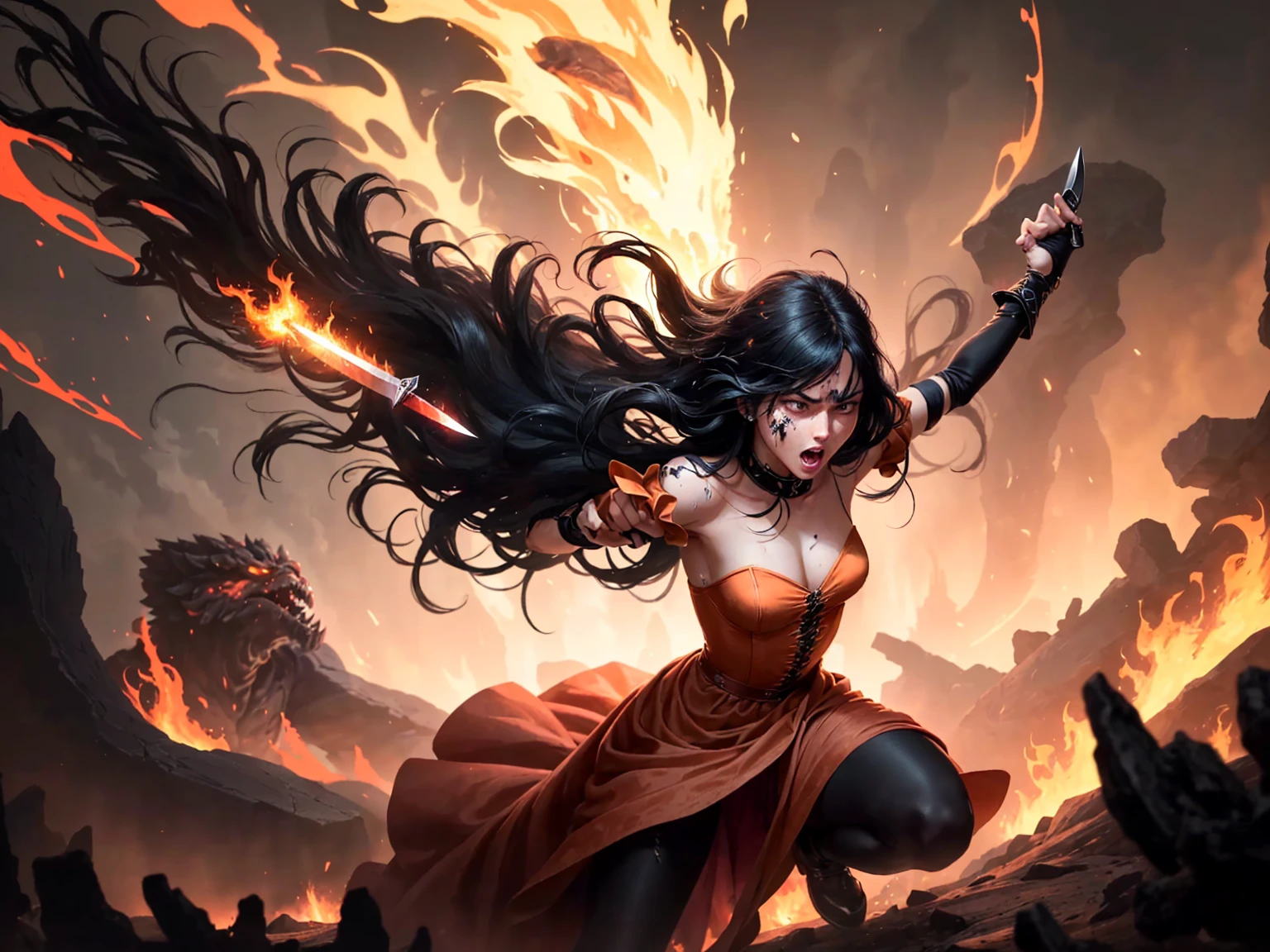 ((best quality)), ((masterpiece)), (detailed), A digital illustration of an injured long black haired woman falling from the air attacking on a monster's hands with a magical knife with a furious expression on her face. She is wearing a peach-colored princess dress and the background is fiery lava