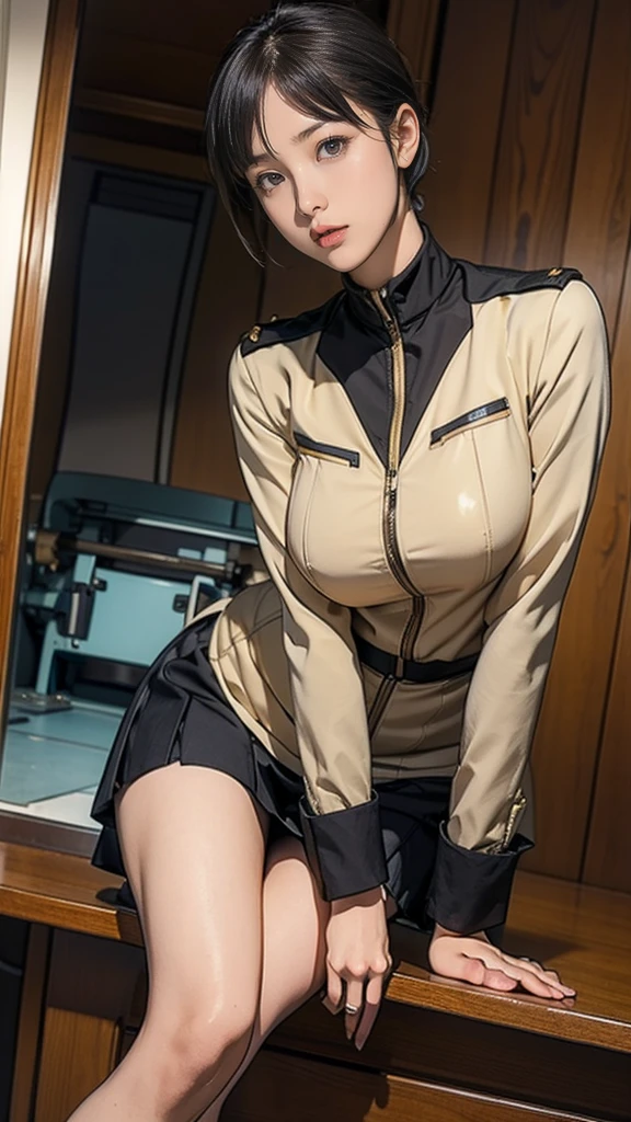 10-year-old girl、Earth Federation Operator Girl Soldier、Black short hair、Large Breasts、Idol-level cuteness、Childish face and appearance、Operator intercom mounted on head、Accurately drawn faces、thin、健康的なKnee-lengthスカート風の地球連邦軍制服、Knee-length、Inside the bridge of a battleship、Low angle shot、Anatomically correct、Accurate Fingers、Accurate Rimbuster Piece、Photorealization