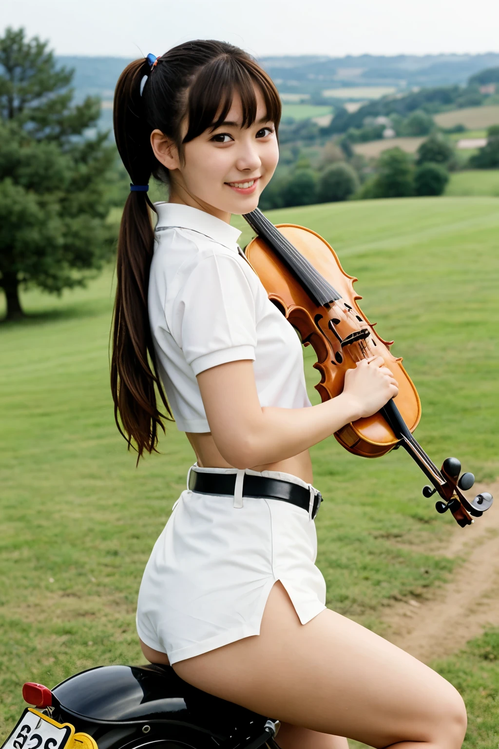 ((anime)) ((Best Quality)) girl with two pigtails, a polo with a motorcycle, without pants, happy, with bangs, with a violin, in the countryside