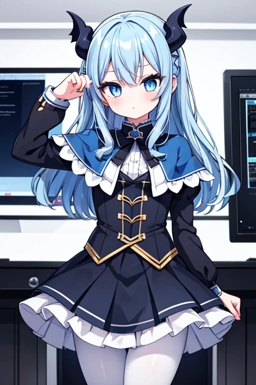 1 girl, lillaevil, hair blue, blue colored eyes, shorth hair, black capelet, overskirt, white pantyhose, Blue demon wings, mini has,, Inside the house, hiding place, many computer monitors, phantom thief hiding place,, , 