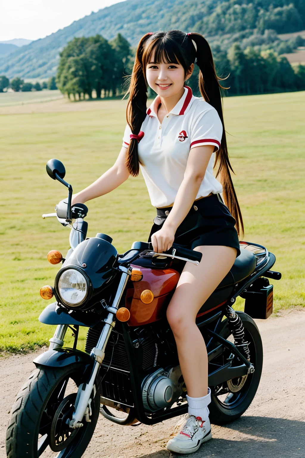 ((anime)) ((Best Quality)) girl with two pigtails, a polo with a motorcycle, without pants, happy, with bangs, with a violin, in the countryside