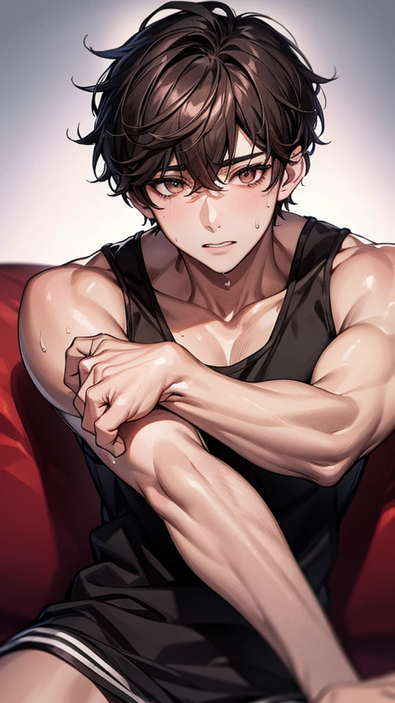 BTS Jungkook, KPOP idol, wearing black sando, masculine, taking selfie, seating on the couch, full detailed face, (copy image) Jungkook , (sweat) look a like, photogenic, best image, shiney hair, brown eyes,