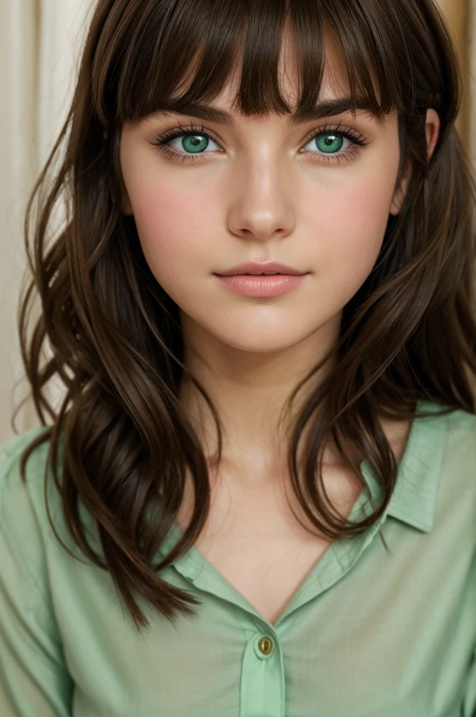 A girl with medium-length brown hair and bangs, curtains, green eyes, plump shiny lips, a small nose