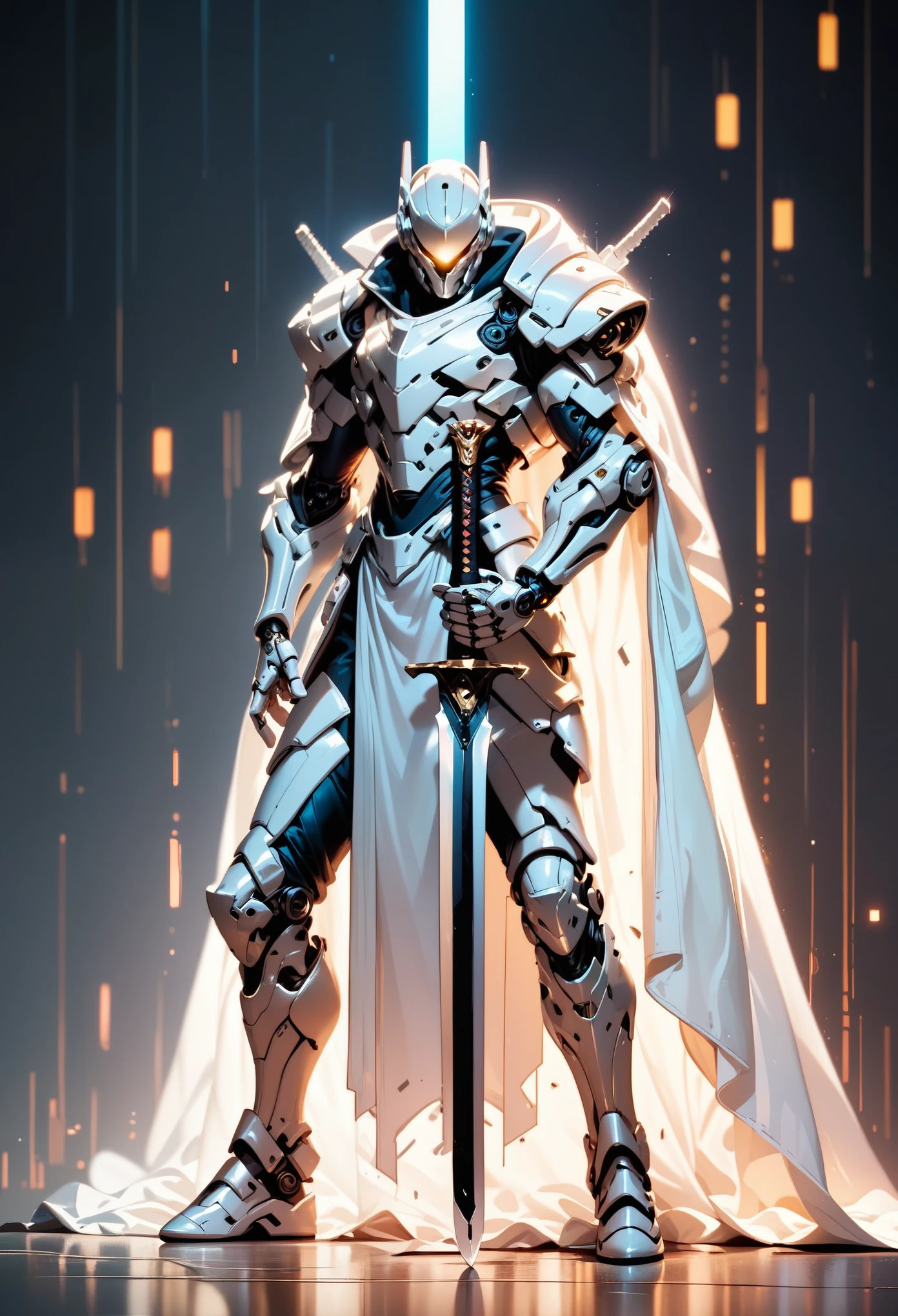 1 boy, alone, three-quarter profile, detailed background well integrated into the image, white armor, white glowing eyes, full body, light armor, white hair, cyberpunk, sword pointing to the ground, white cape, holding a sword stuck in the ground, sword with white and black engravings, background of a castle entrance, full white armor, white futuristic helmet, standing pose leaning on the sword, tight armor, dark aura, white mechanical arm, three-quarter view