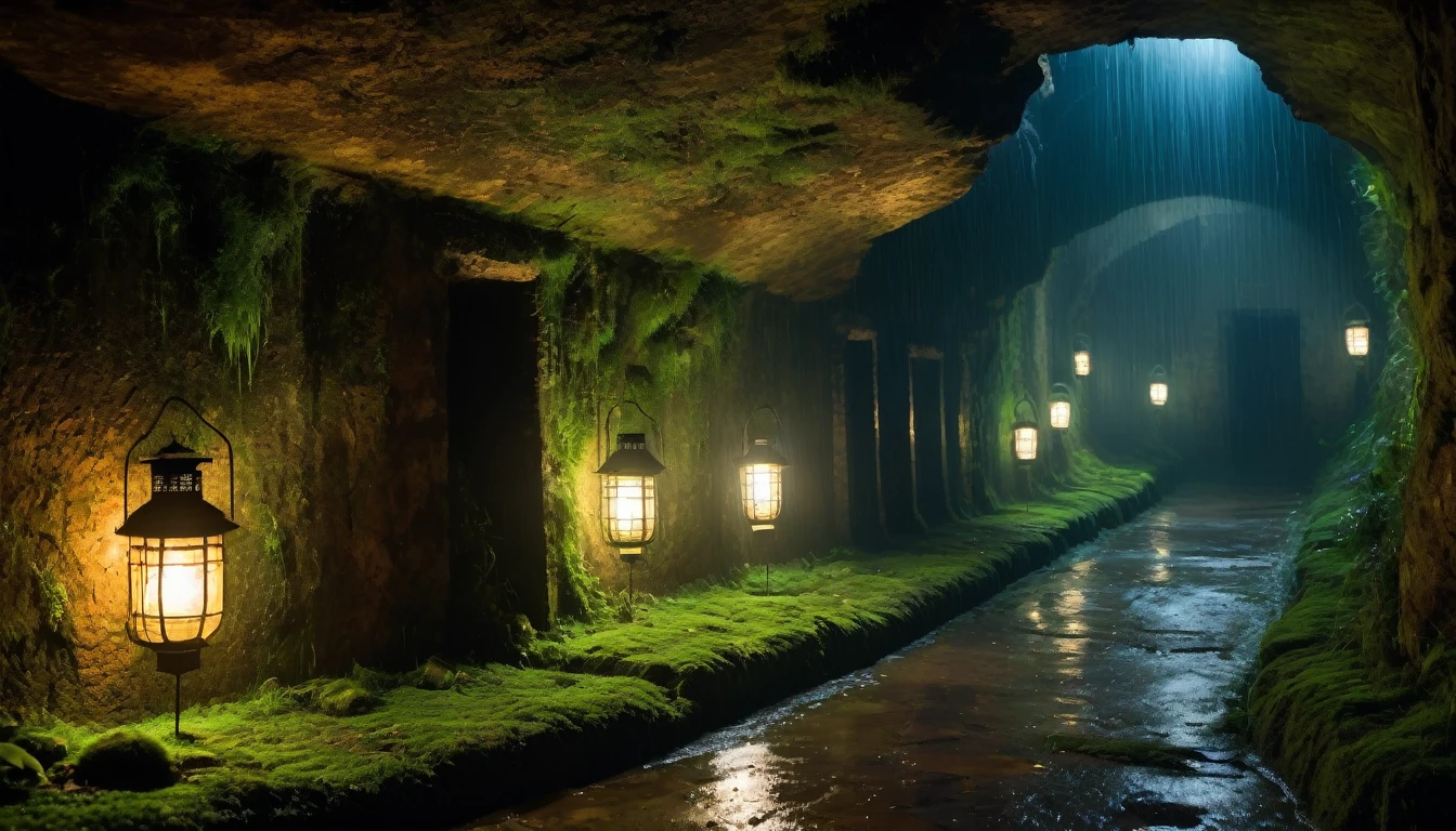Scary horror image of a rainy night, of an ancient underground fortress, located in a remote region of the interior of Brazil. With soldiers in a long, dark corridor, lit only by our lanterns. The walls were cold and damp, covered in moss and fungi, rain image. PICTURE REALISTIC, high resolution, 8k