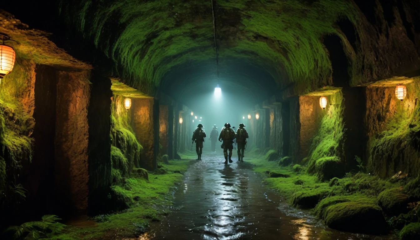     Scary horror image of a rainy night, of an ancient underground fortress, located in a remote region of the interior of Brazil. With soldiers in a long, dark corridor, lit only by our lanterns. The walls were cold and damp, covered in moss and fungi, rain image. PICTURE REALISTIC, high resolution, 8k 