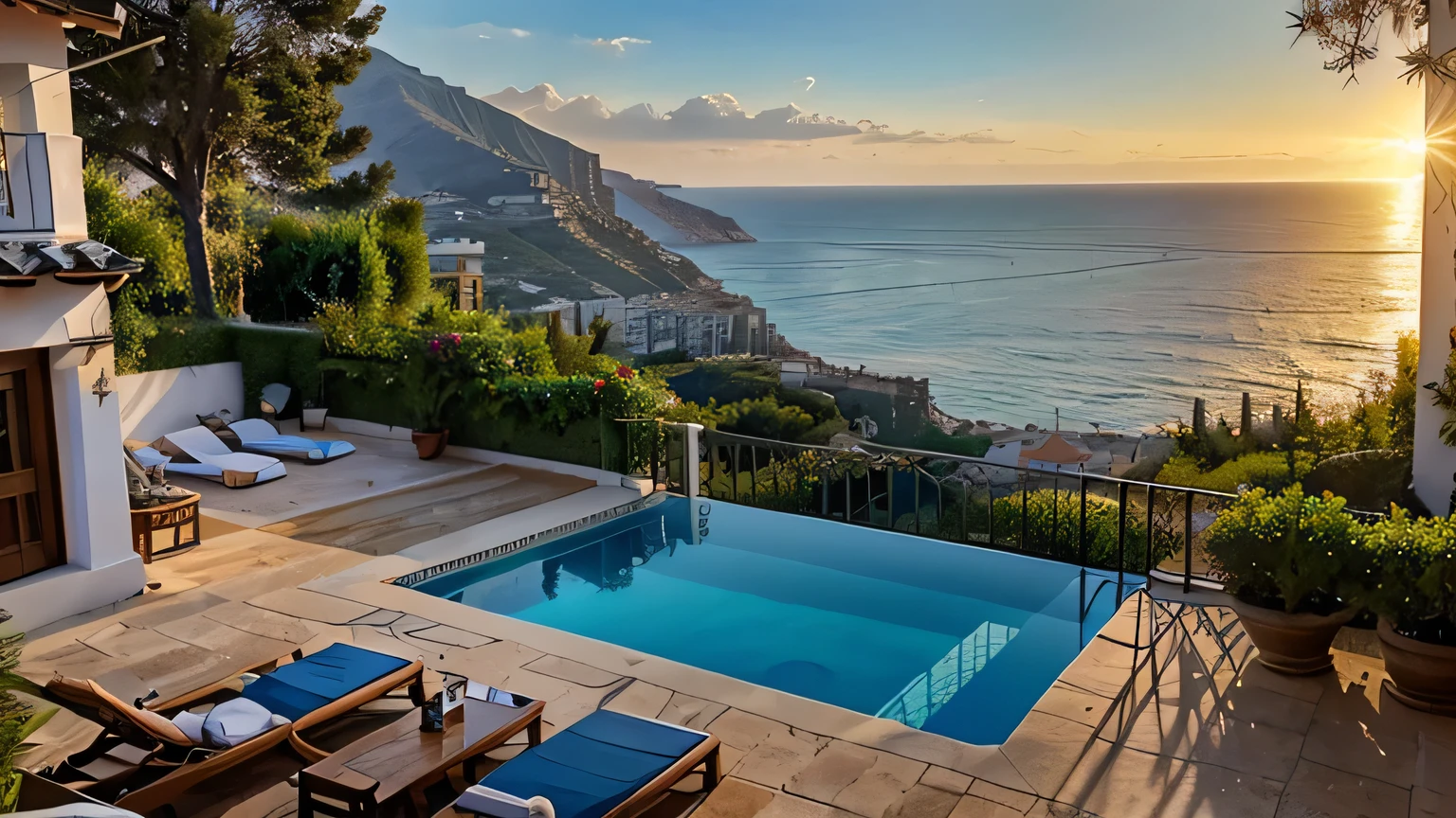 A sun-drenched terrace of a Mediterranean-style villa overlooking the sparkling blue waters of the Black Sea in Yalta, Crimea.
A cozy, wooden terrace with wicker furniture and colorful flowers overlooking the dramatic coastline of Yalta, Crimea. The setting sun casts a golden glow over the sea and mountains.
A luxurious infinity pool on a spacious terrace of a modern villa in Yalta, Crimea. The pool seamlessly blends with the breathtaking panoramic view of the Black Sea. Style loft.
