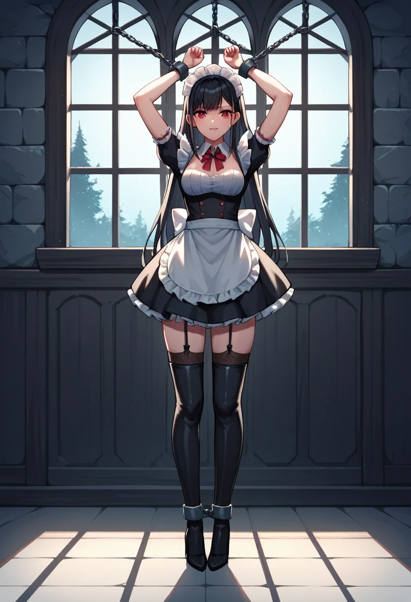 score_9, score_8_up, score_7_up, score_6_up, score_5_up, score_4_up, source_anime, 1girl, black hair, повязка на голову, red eyes, w-w-chain, shackles, Hang a girl up, raise arms, long hair, maid's outfit, black thigh high boots, heels, night, windows, dungeon, best quality, best res, 4K UHD,