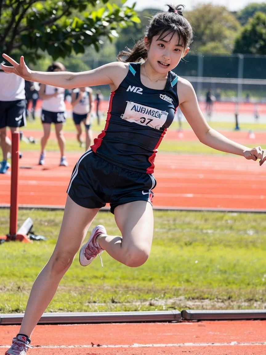 award winning,One girl、solo, (Track and field athlete), Long Jump, jump, Sports, ((Motion Blur)), shoes、Shorts、sneakers、青いShorts、Jump、Sportsウェア, depth of field,