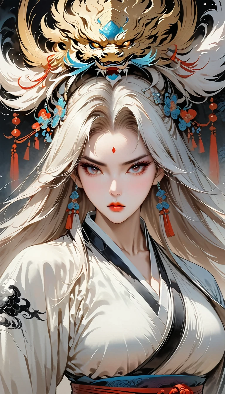 (masterpiece, best quality:1.2), Chinese dragon：1.37，1 girl，2D， Metal jewelry, Serious expression, Attack, The gaze is cold, Clothing black and white ink style, Martial Arts Styles, sash, sharp eye，Dark Theme，fair skin,Obsessed with the eyes,Attractive lips