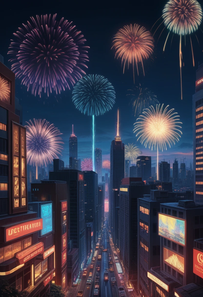 ((masterpiece)),((Best Quality)),((High detail)),((realist,)) Futuristic era city, architectural streets, bazaars, cyberpunk, european architecture, evening, neon, panoramic view, several buildings, New Year, Fireworks, panoramic, colorful Fireworks, sky with Fireworks, landscape, detailed face, detailed glowing eye, very detailed eye