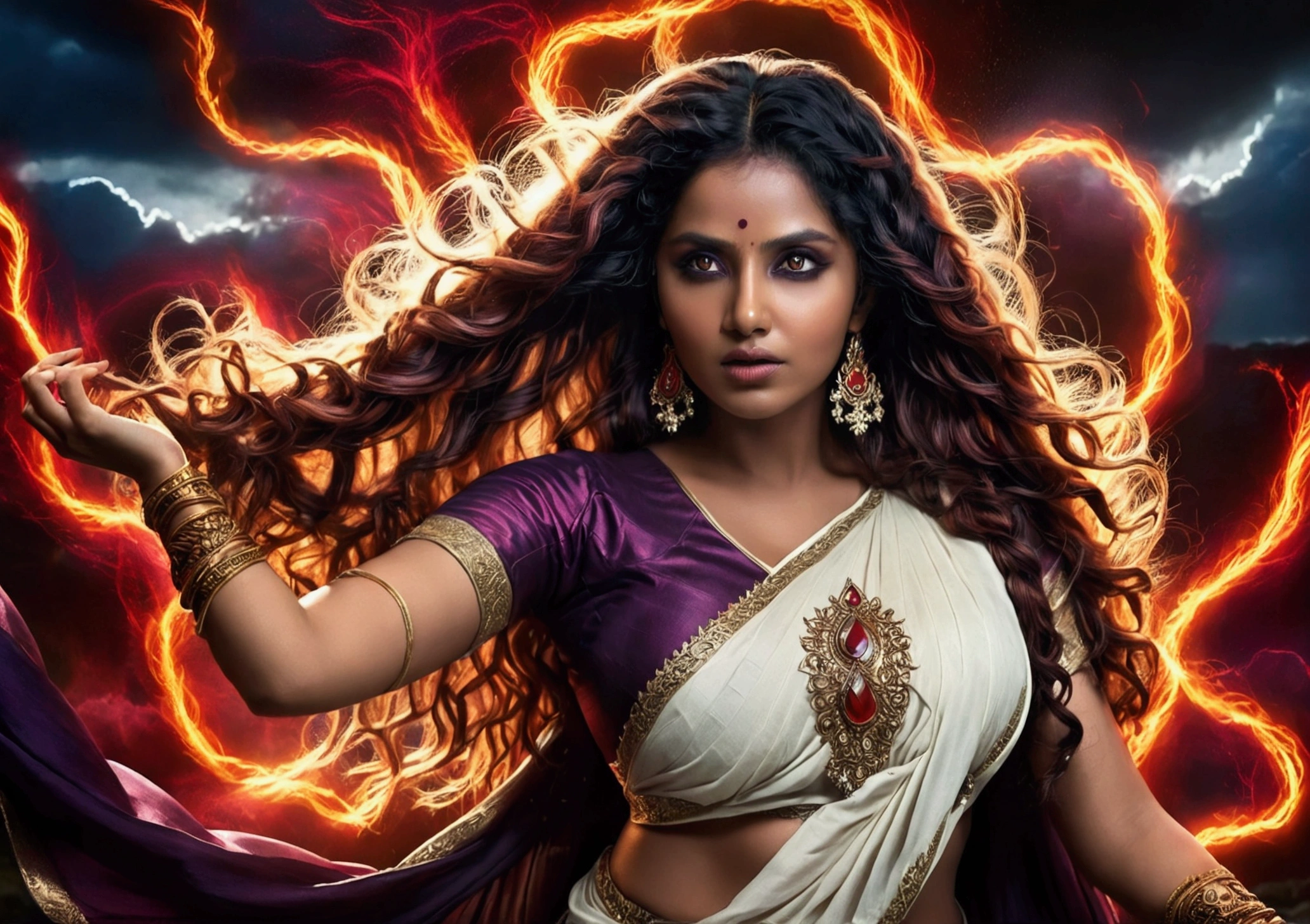 A beautiful Indian woman with thick braided long and red hair, (pale white skin tone), saree, n1p, dynamic action ,, e,black hairs, standing in a mystical background, highly detailed, hyper realistic, 8K, dramatic lighting, cinematic, fantasy, magic, witch, Wanda Maximoff, cosplay, masterpiece, ultra-detailed, photorealistic, vivid colors, HDR, professional, cinematic lighting, dramatic pose, intricate costume details, flowing fabric, intense expression, magical energy, red energy aura, dark moody atmosphere, dramatic shadows, powerful, mesmerizing, captivating, ahsaas, 1girl, thunder storm from eyes, anupama , busty,