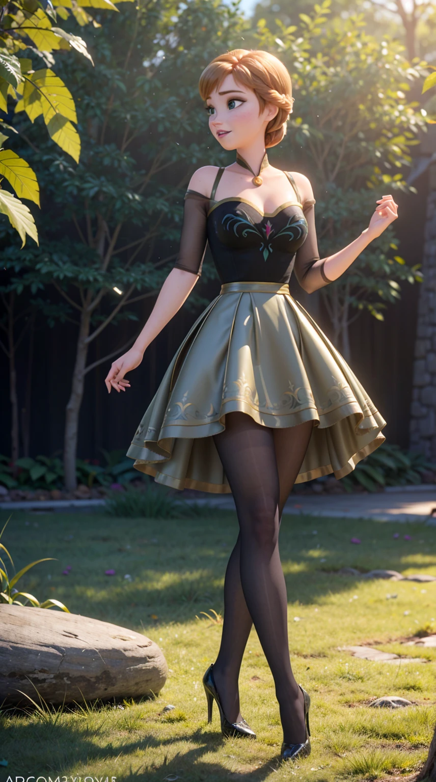 Photo of Anna of Arendelle wearing thight transparent pantyhose, huge breasts, high heels, sun shiny day