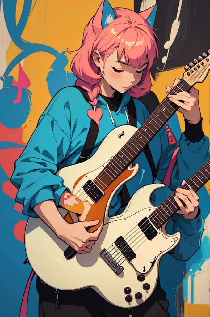 cat playing colorful guitar with musical notes in high definition in painting style vector