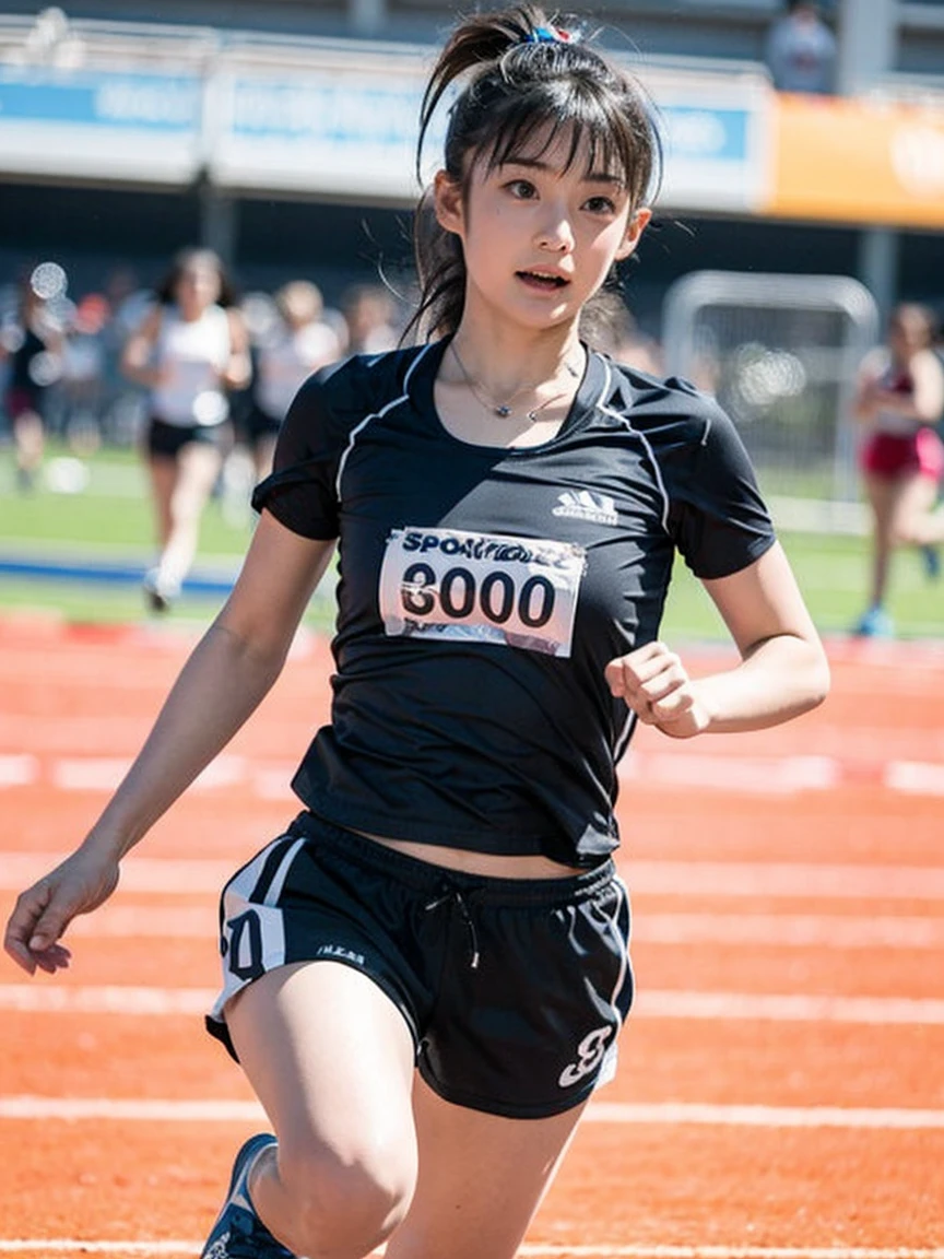 award winning,One girl、solo, (Track and field athlete), Long Jump, jump, Sports, ((Motion Blur)), shoes、Shorts、sneakers、青いShorts、Jump、Sportsウェア, depth of field,