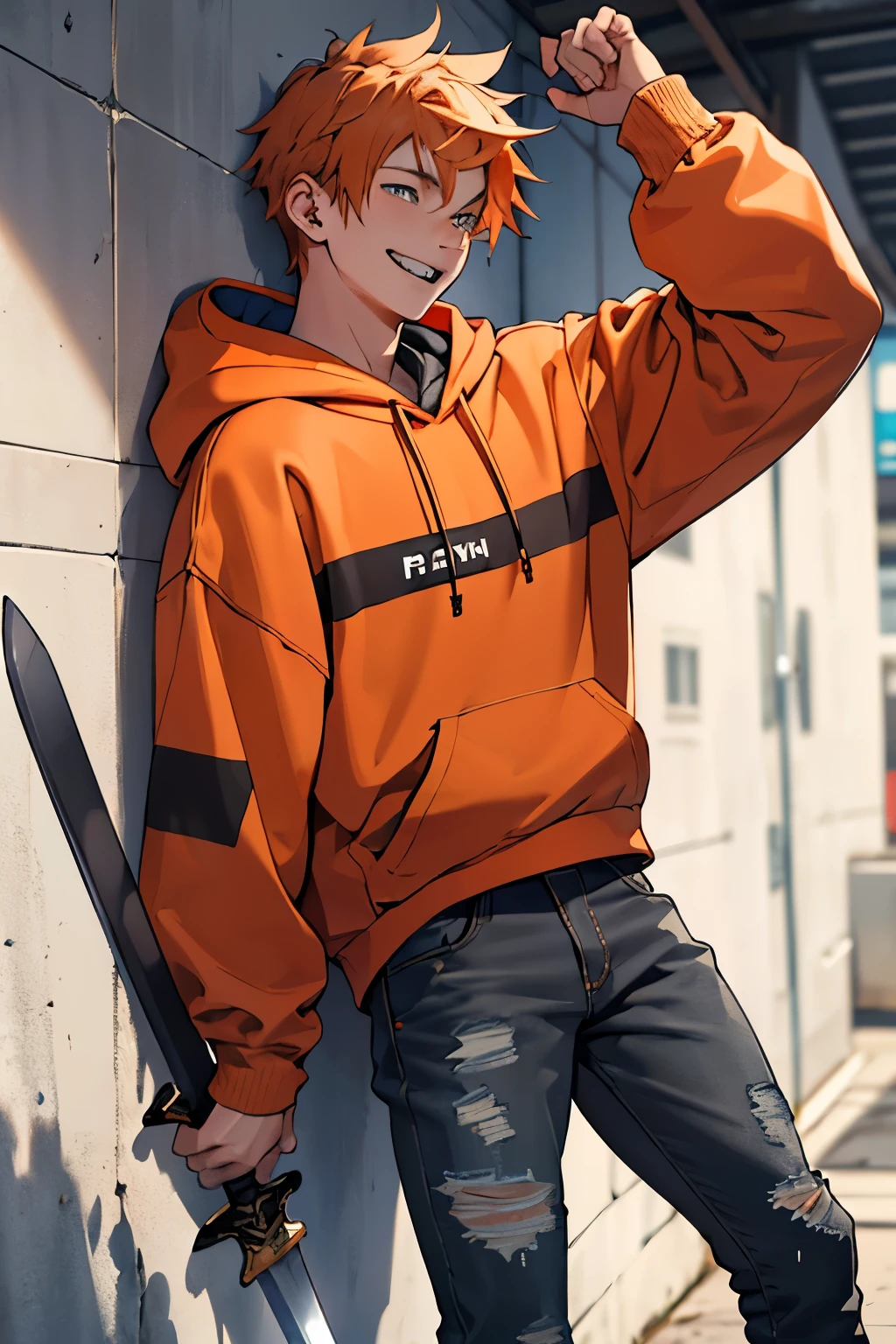 A fifteen year old ager with orange hair. He should be wearing an open gray hoodie and ripped pants and should also be holding a long, flat sword.. His hair must be messy and he must be smiling as if he just told a bad joke. He has the characteristics of a Canadian and hasn't cut his hair in three months.. The senario must be a pine forest and he must have a silly expression. He doesn't need to be very handsome he just needs to look like a normal teen he should look like he's looking at a great friend