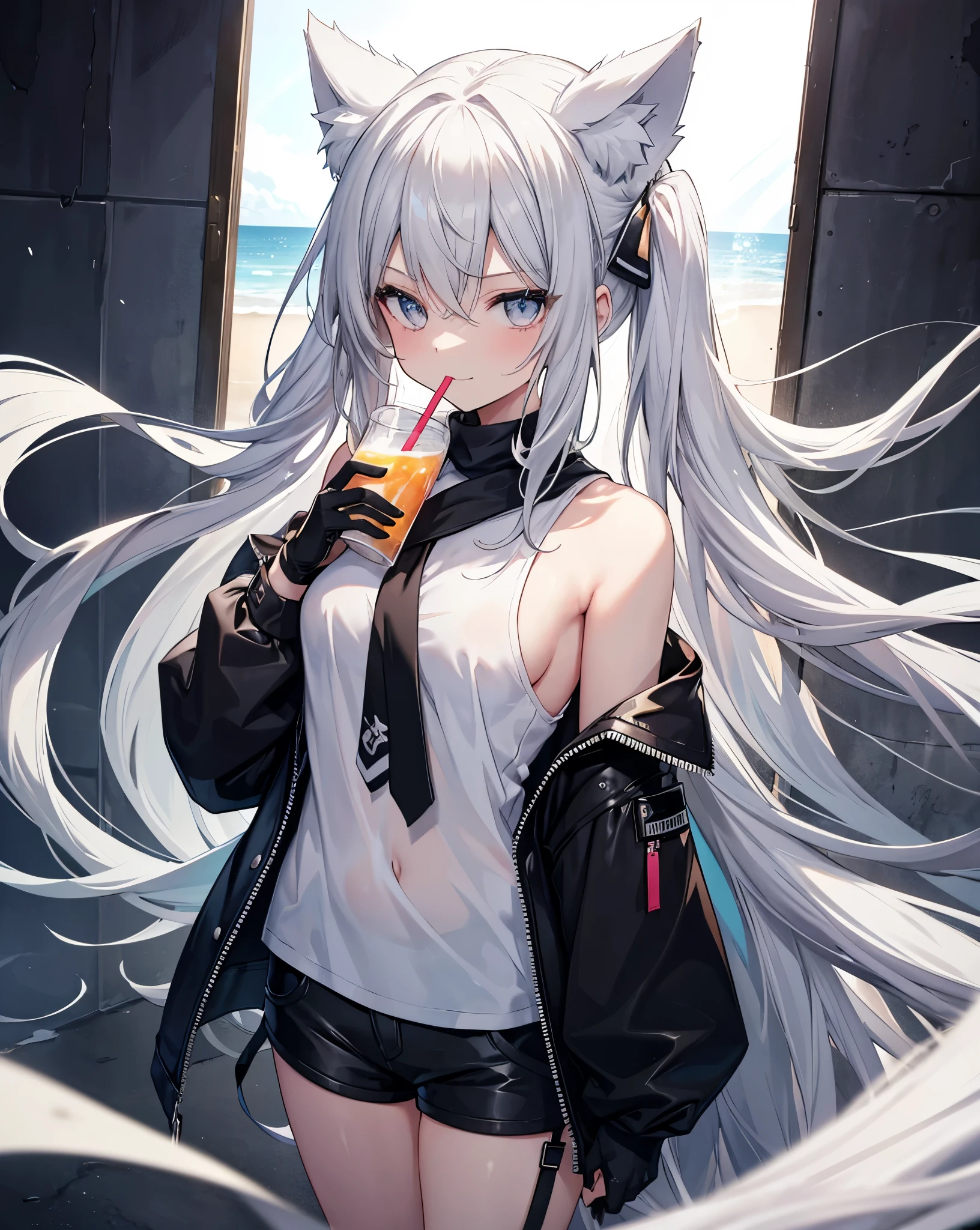 1girl, {alone}, full body shoot ,{{ {Looking at viewer}}}, neko ears, cat ears, Arms at your sides, Concept Art, white returnground, simple returnground, Gray Hair, Silver Gradient Hair , Complex fabric, Asymmetrical clothing, Virtual YouTuber, highest quality, masterpiece, Dynamic Angle, Guilty Gear, Guilty Gear, Guilty Gear, full_shot, Looking_return, grab, girl,woman,woman, young,20-year-old, Very long hair, Reverse hair, Silver Hair, Flowing Hair, Grin, Beautiful and delicate golden eyes with black pupils and reflexes, Moderate_chest, Blonde detailed Eyes, White skin, intricate summer t-shirt, short black_Shorts, Grey clothes, transparent_returnground, returnlighting, absurdes, High resolution, Super detailed,、black jacket、Cool composition、Black gloves、bare shoulders, loose t-shirt.
She's a pro.

ACTION: she's drinking a fresh oversaturated fluo drink with lots of ice with ice. He's getting wet drinking the drink, wet shirt. She's in a open door bar at the beach. It's sunsetting. Sunset lightening effects, sunflare, epic summer shot.
