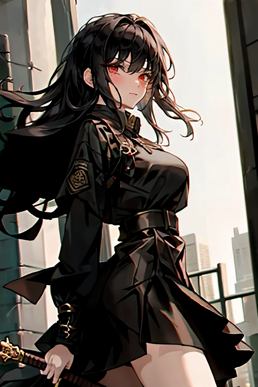 ((best quality)), ((Masterpiece)), (details), 1 girl, SWAT uniform, Curtain bangs, black hair, Red eyes, short skirt, คุกเข่า, big breasts, city background, night, เหมือนจริง, 8k, natural lighting, soft lighting, sunlight, HDR (High Dynamic Range), Maximum Clarity And Sharpness, Multi-Layered Textures