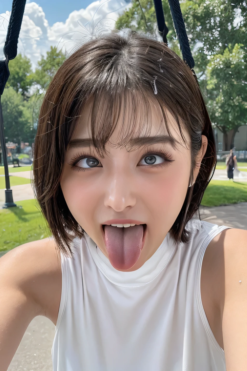 Taylor Hill、1 girl,flying debris,,Award-winning photo, Very detailed, Keep your eyes sharp and focused, Nose and mouth,Face Focus, Extreme close up of face、Woman with open mouth and closed eyes,20-year-old,Black Hair、Symmetrical face,Realistic nostrils、Angle from below、Elongated C-shaped nostrils,sweaty and Glowing Skin、Lighting that accentuates sweaty skin、((Sharp Nose))Sweaty skin、Glowing Skin、Sweaty hair、Shining Sun、(Brow wrinkles))（cum on tongue)、Deep Kiss、((Thin eyebrows))Oily skin、Glowing Skin、double eyelid、Wet and shiny tongue、Woman with beautiful face and foamy wet tongue、Beautiful woman、Medium Hair,With eyes wide open、Shortcuts,Ride a swing in the park,Hair blowing in the wind,Symmetrical nose,