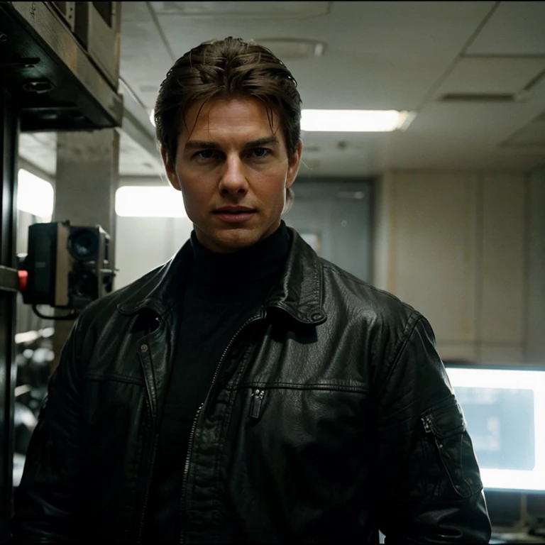 Young Tom Cruise on the movie set of "Mission Impossible", receiving instructions from the director