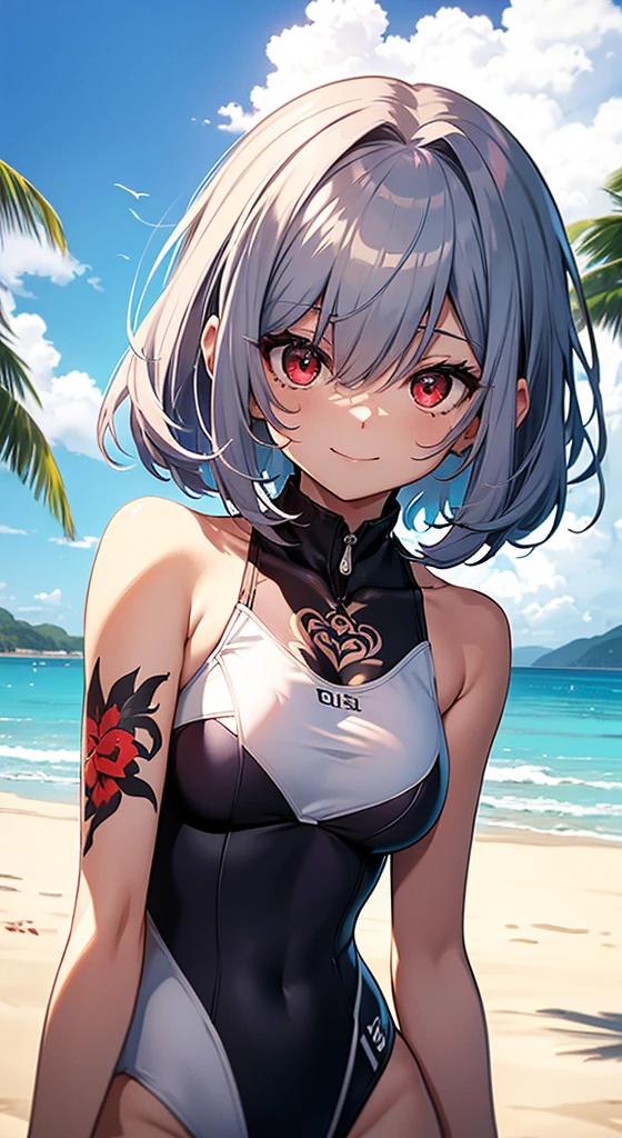 top-quality、Top image quality、in 8K,4K,​masterpiece、、ultra-detailliert、Beautiful、ultra-quality、adult-like、Cool、girl with(((18year old、swimsuit:1.2、、silber hair、a short bob、Red Eyes、erotick:1.1、Happiness、The tattoo)))、hiquality、visualart、Background with((beachside:1.2))、masutepiece