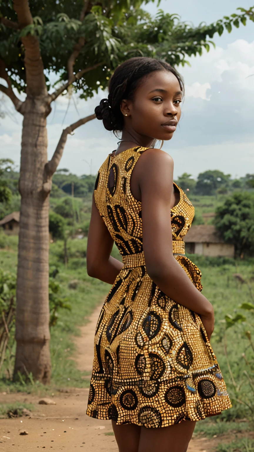 A young woman in a colorful kitenge dress standing in a rural African village, surrounded by lush green fields and baobab trees.