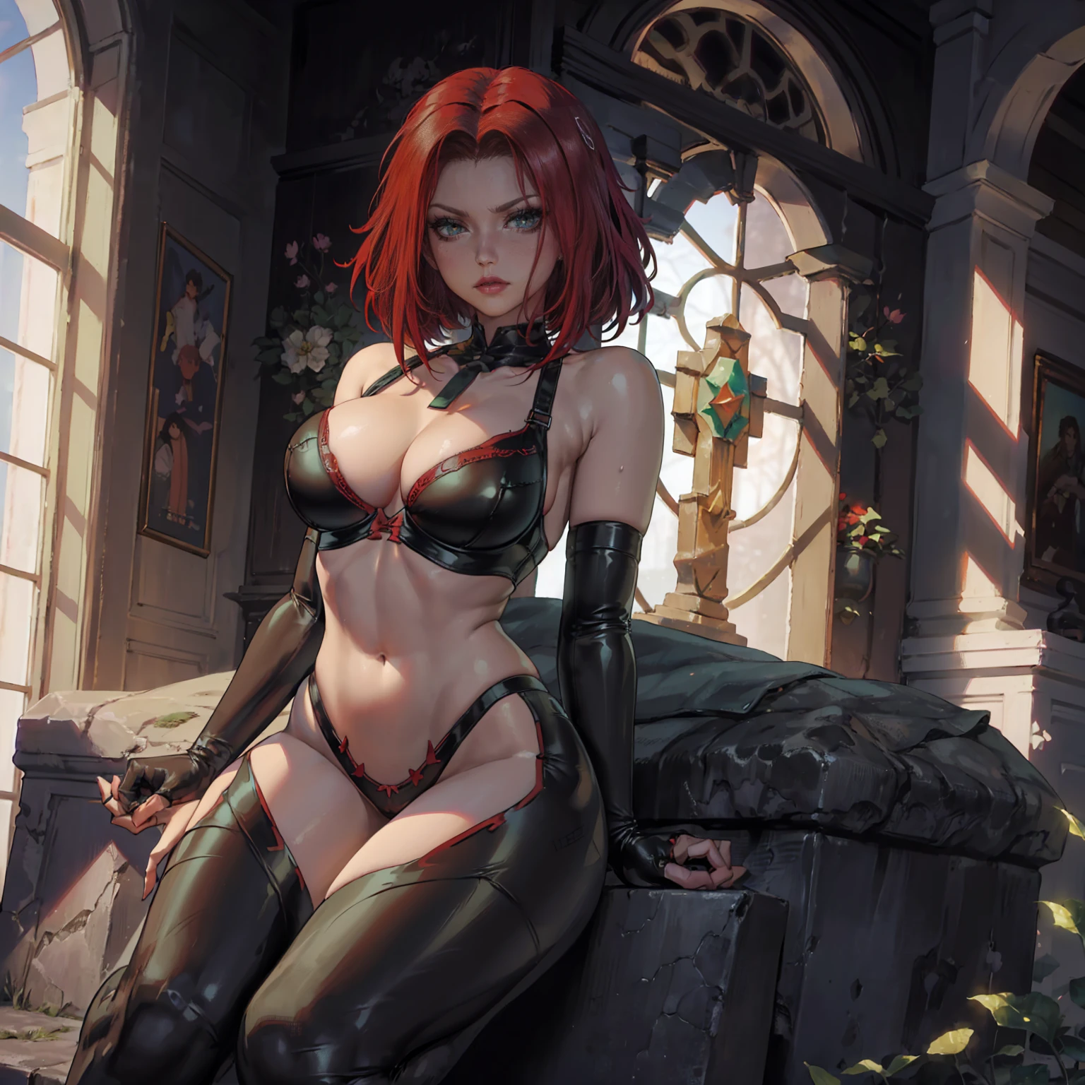 (((solo,1woman, mature, alone))), BloodRayne, ((short hair, red hair, glowing green eyes, lipstick, makeup, narrow waist, skinny, medium breasts, alone)), pelvic curtain, ((black leather panties, black leather bra)), full body, perfect body, (insanely detailed, beautiful detailed face, masterpiece, best quality), (extremely detailed 8k paper CG wall unit: 1.1), (cemitery, Sitting on the tombstone, night), (serious face for the viewer), from below
