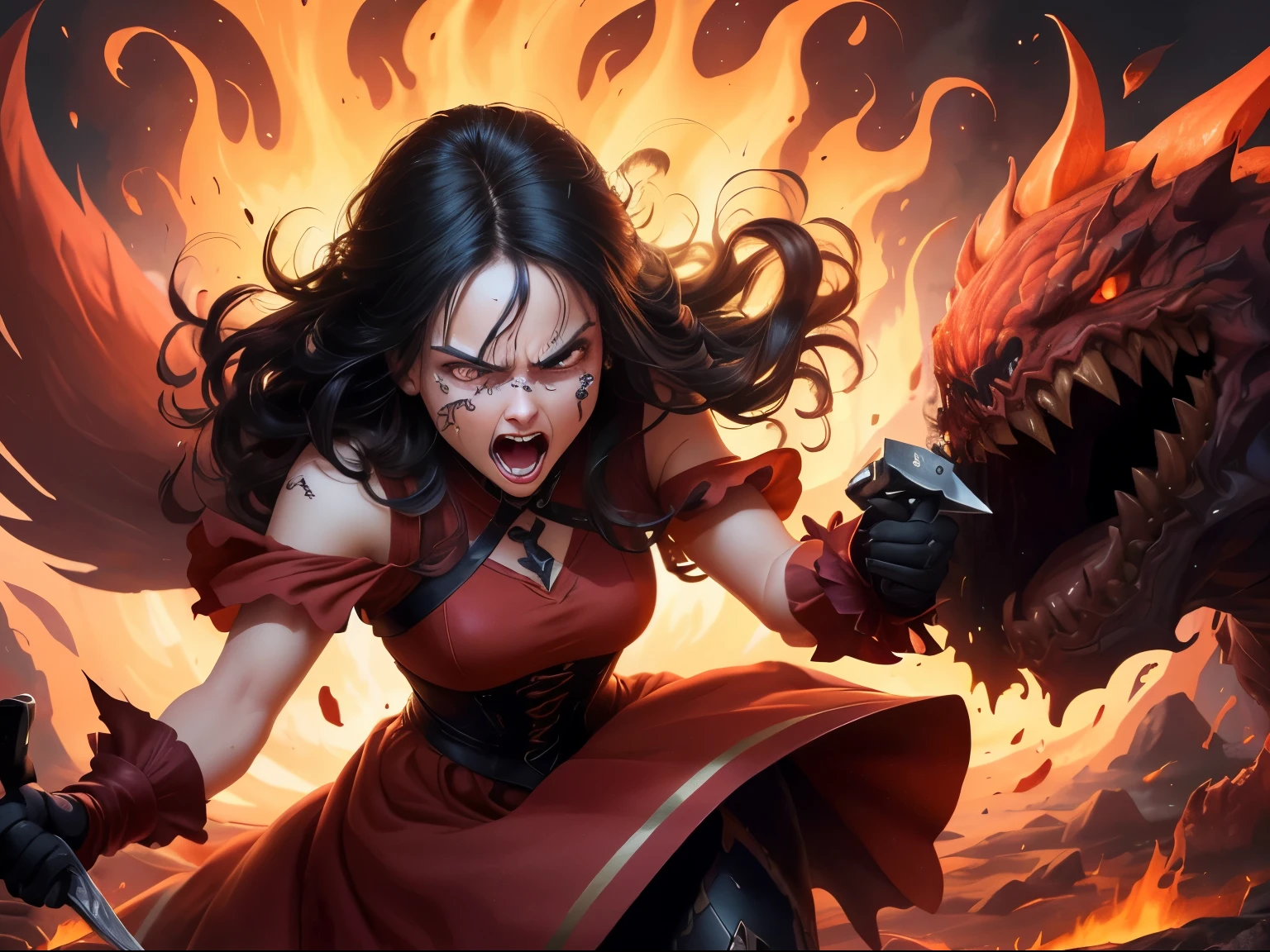 ((best quality)), ((masterpiece)), (detailed), A digital illustration of an injured long black haired woman falling in the mid air attacking on a monster's hands with a magical knife with a furious expression on her face. She is wearing a peach-colored princess dress and the background is fiery lava