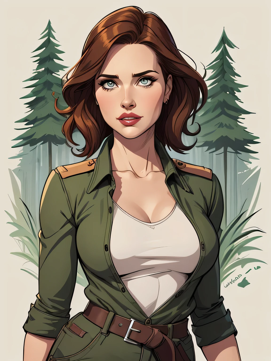 Woman character Geena Davis PinUp from the 30s with marks of war Cartoon image of a woman .Illustrates??cartoon style, cartoon art style, cartoon art style, digital illustration style, highly detailed character design, courage detailed digital art, Forest fan art, Portrait Character Design, beautiful digital illustration, high-quality portrait, comic book art, young woman with beautiful hair . Beautiful lined eyes Medium large bust and wonderful sexy clothes. image expression of sexual desire from the waist to the Geena Davis Fallout 23 uniform illustration