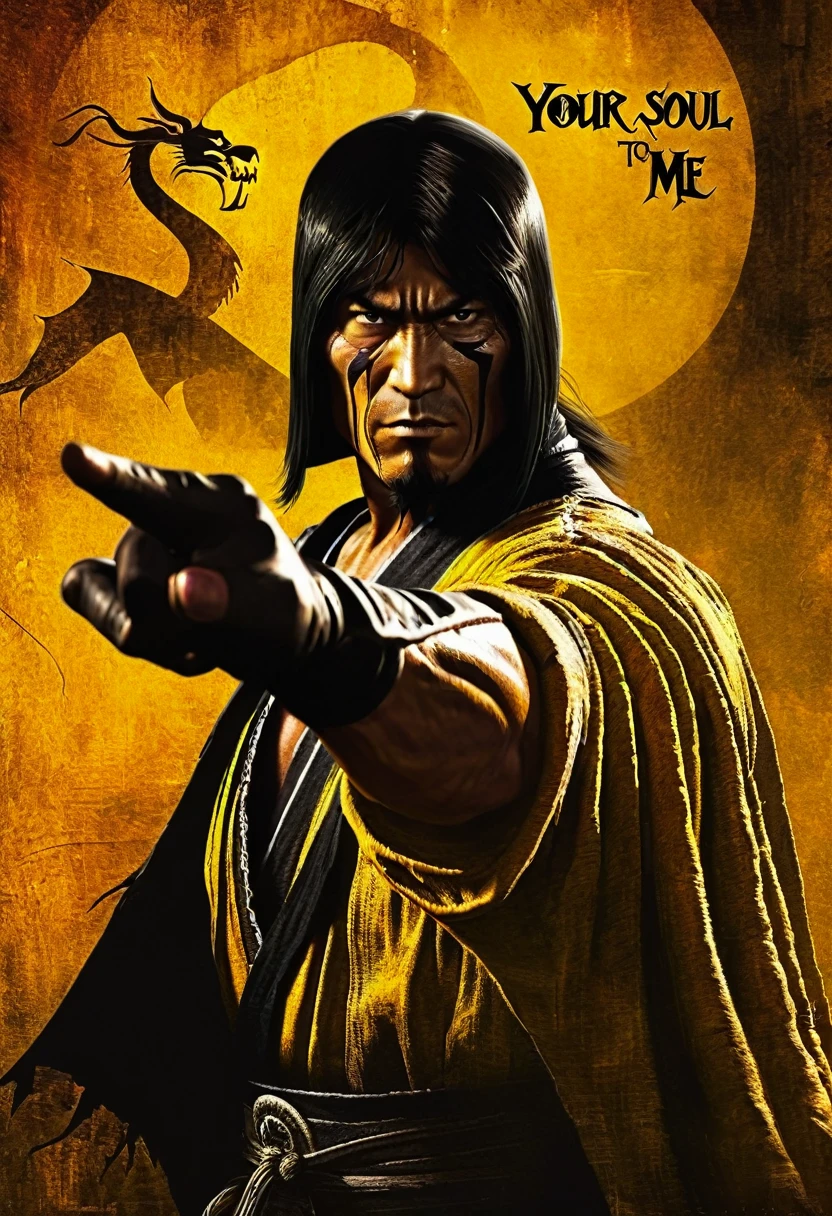 Mortal Kombat, Shansung the sorcerer pointing his finger at the camera with the words (Your soul belongs to me) Andrew Wyeth style.
