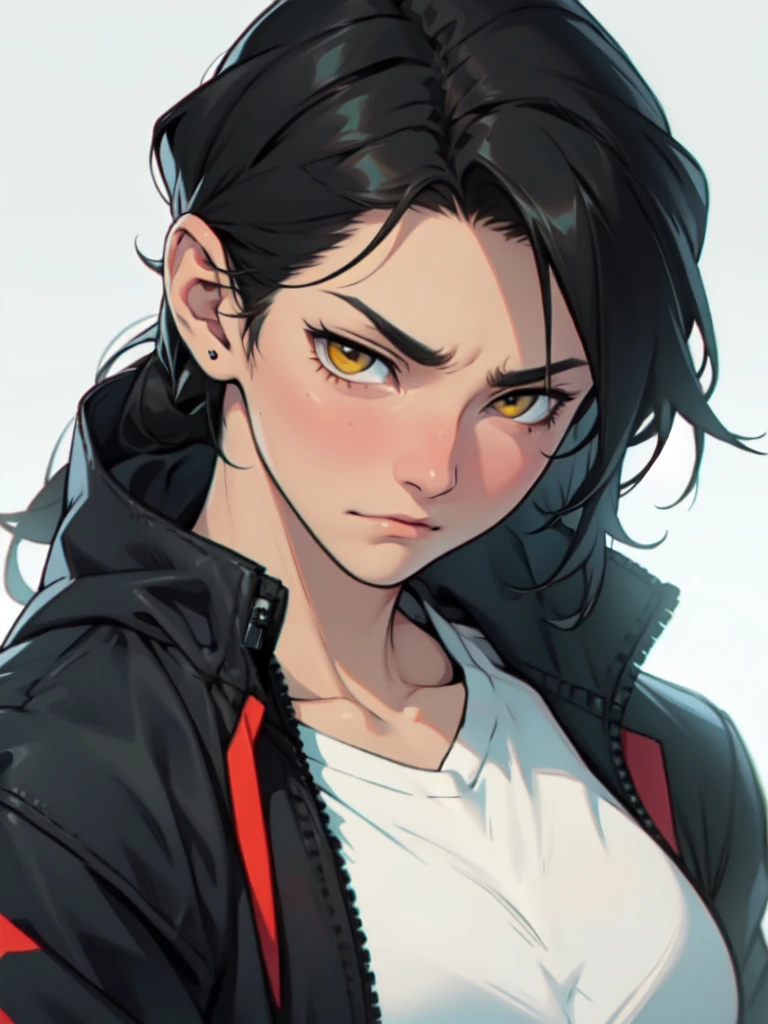 empty eyes embarrassed black hair yellow eyes pale skin muscular girl
