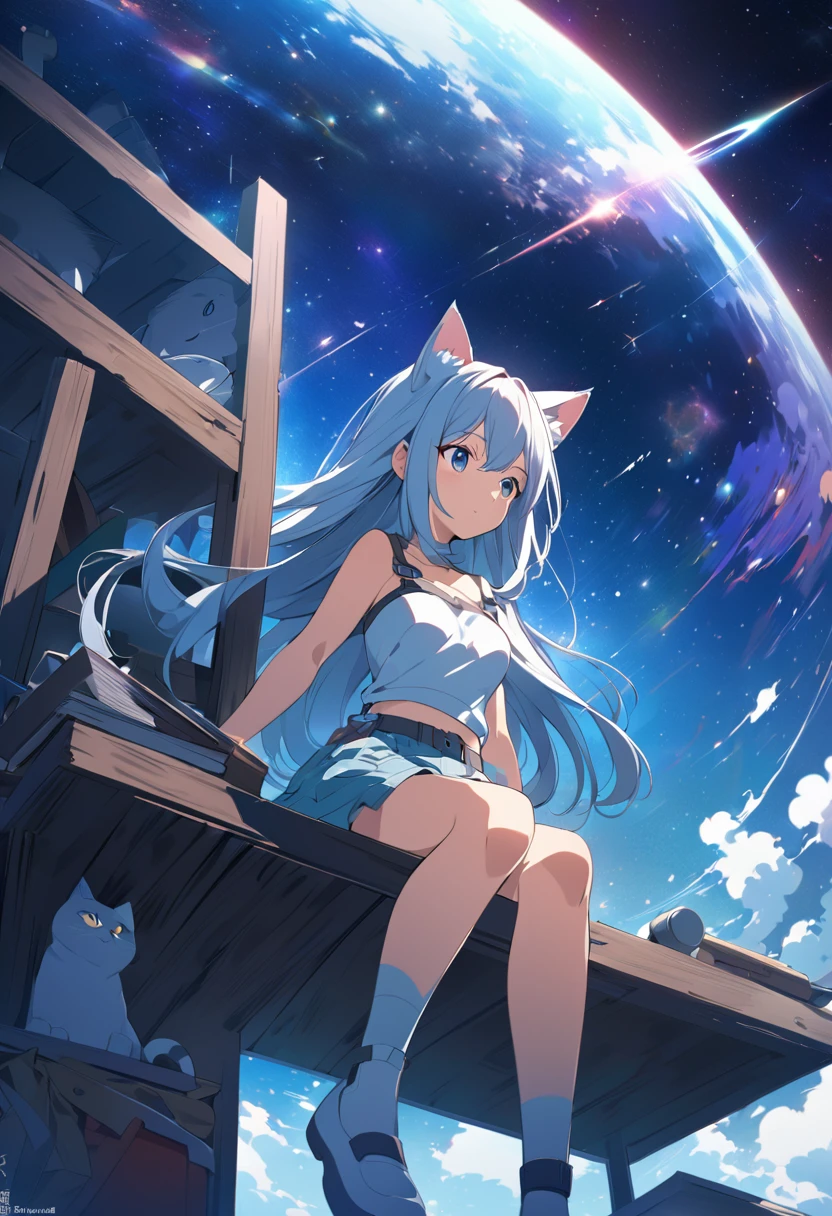 Anime cat-ear girl sitting on a shelf looking at the sky, Animation inspired by Makoto Shinkai, Popular on Pixiv, Space art, Cyril Rolland, 4k anime wallpaper, anime art wallpaper 8 k, Anime Art Wallpaper 4K, Anime Wallpaper 4K, Anime Wallpaper 4K, Anime Wallpaper 4K