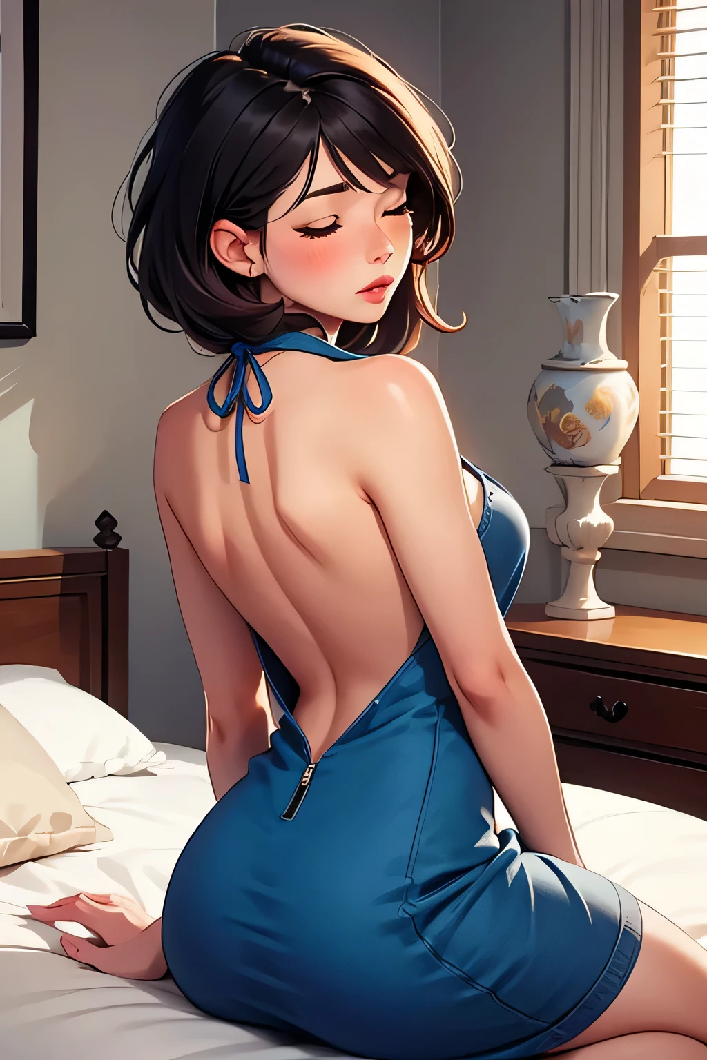 a young woman sitting on the bed wearing a backless blue short dress, eyes closed, lips parted, blushing intensely, ready to kiss