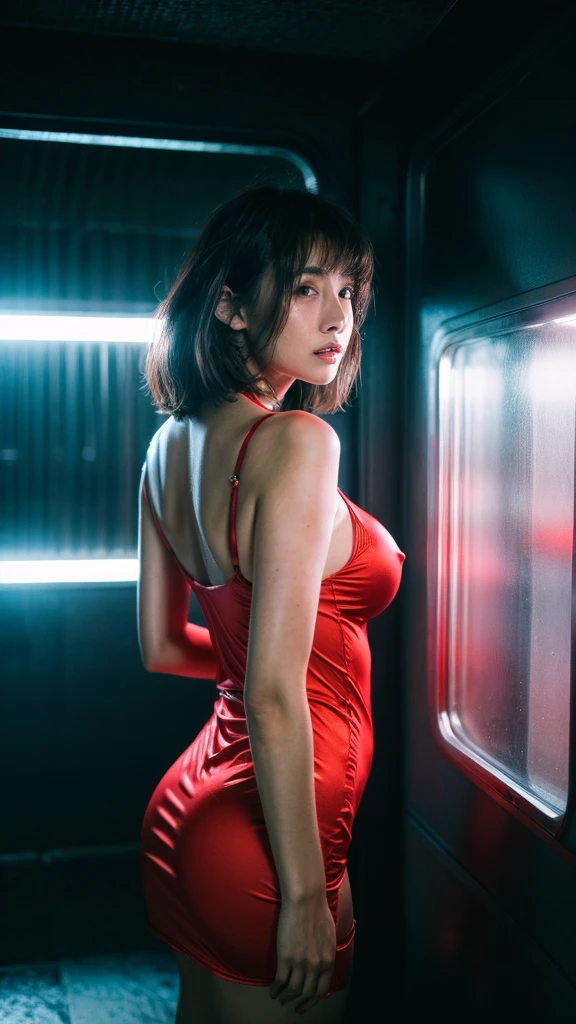 (Perfect full-length shot:1.4), (Best quality:1.5), blue sky, (lens flare:1.2), 23y, 1girl, indonesian, (big breast), sexy, (red slip dress), (cute face:1.4), wavy short hair blowing in the wind, (bangs:1.2) dramatic sexy posing in futuristic garage with neon light, happy, kodacrhome, cinematic lighting, beautiful shadow and sunlight expossure, aesthetic, ultra highres, sharp focus, highly detailed, realistic face and skin, surreal view, shot by eos c with 35mm lens f2.0, (angle shot fom below:1.3), Portrait by annie leibovitz, perfect anatomy, perfrect object