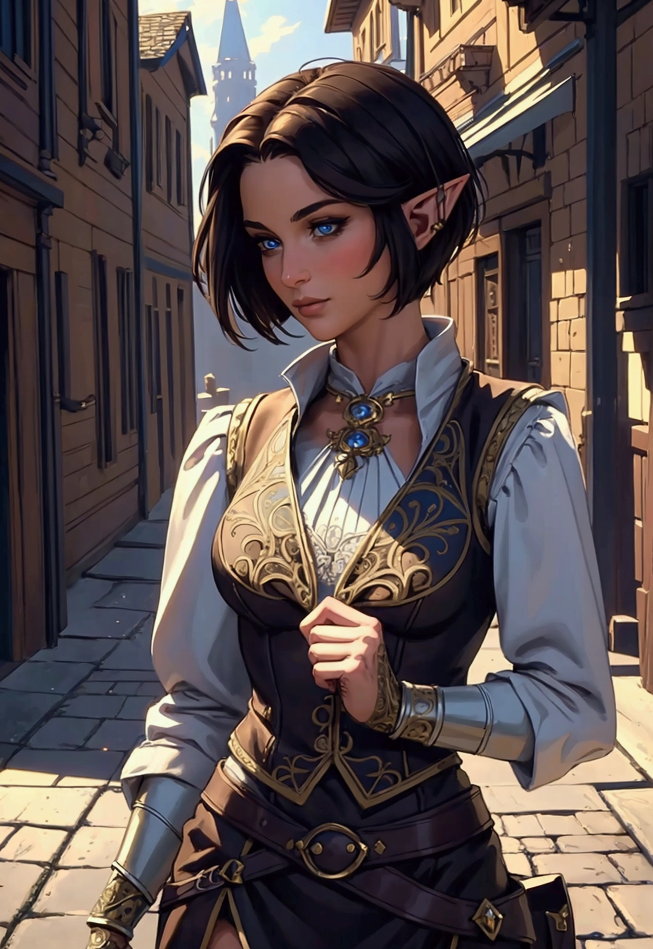 (Masterpiece, Best quality, Top quality, Intricate details, Beautiful, aesthetic:1.2), Highest quality, masterpiece, high resolution, 8k, cinematic lighting, sharp resolution, medium shot, samdoesarts style, beautiful woman, character portrait, 1 female elf, beautiful short dark hair, short hair, rogue, dressed well, britches, and vest, a sickle hangs from her hip, daytime, crowded city streets, fantasy city, cobblestone streets,