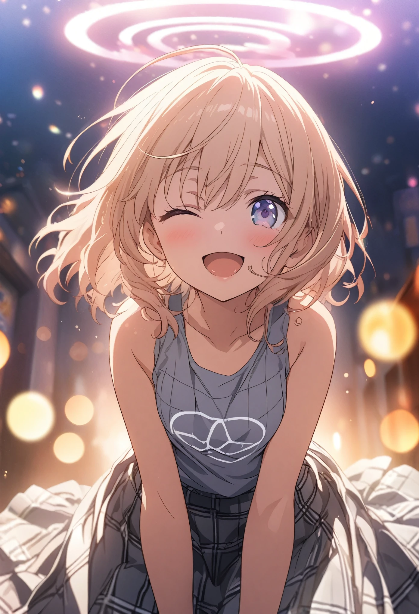 2 Girls, masterpiece, Highest quality, Highly detailed CG Unity 8K wallpapers, High School Girl Anime Illustration. Wear an oversized tank top, she is wearing a checked skirt, peace signのポーズ, she has her eyes closed and mouth open, smile. Bokeh, (Soft Focus):1.2, Out of focus highlights, Dreamy atmosphere, Glowing circle, Fascinating Depth, The background is a realistic landscape
