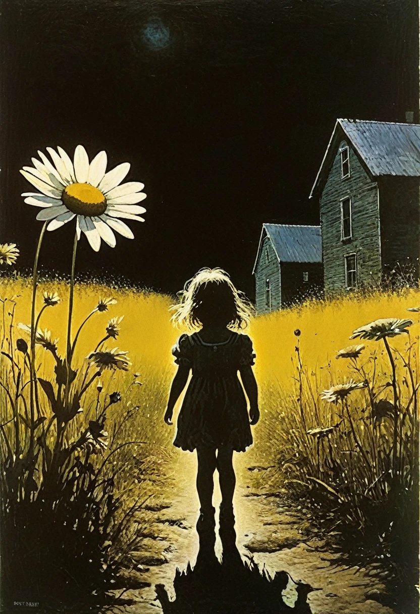 The flower has dried up, has no smell, next to the flower is a daisy girl. The disturbing and grotesque world of Stephen Gummel. Style by Andrew Wyeth, Katsuhiro Otomo “Scary stories told in the dark.
