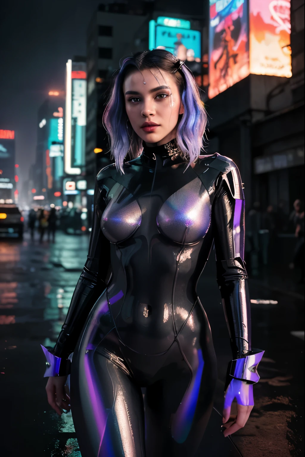 
(best quality, highres:1.2), ultra-detailed, (realistic:1.37) A sexy tron girl, vibrant holographic colors, with glowing lines tracing her curves. (futuristic, cyberpunk) vibe, light projections highlighting her sleek metallic suit, (electric blue) and (neon purple) illuminating her luminous figure. She confidently strikes (strong, fierce, powerful) fighting poses, showcasing her agility and strength. (bright, sharp) eyes pierce through the darkness, (sparkling, mesmerizing) with intensity and determination. Her (luscious, glossy) lips, radiating a (subtle, seductive) smile, hint at her playful yet fierce nature. The background is a (dystopian, futuristic) cityscape filled with towering skyscrapers, (reflecting off the wet streets, adorned with holographic billboards) casting an (eerie, vibrant) glow. Strategically positioned (light beams, spotlights), (accentuating, illuminating) her silhouette, draw attention to her captivating presence. The painting style is a mix of (digital illustration, digital painting), combining (photo-realistic) details with (stylized, sleek) elements. The entire scene bathes in a (cool, neon) color palette, with (bright, contrasting) hues adding depth and interest. The lighting is (dynamic, dramatic), casting (shadows, highlights) that bring depth and dimension to the tron girl and the surroundings.