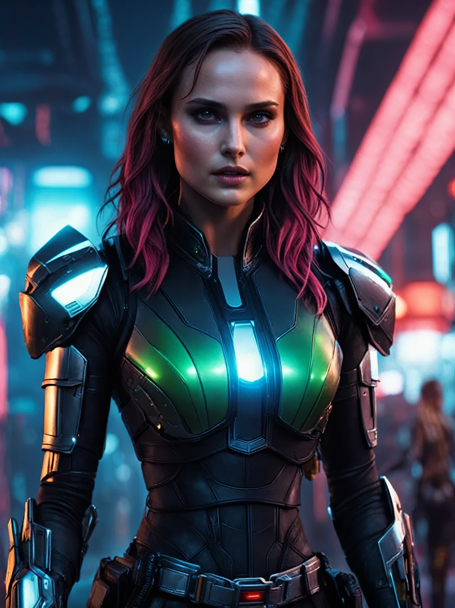 cinematic photo , ( Natalie Portman as    cyberpunk  Gamora)  with rusty and damage  cybernetic arm,   cyberpunk style,  dynamic posture , a group of humans traveling through wormholes to new galaxies,   (ai artwork by Quiron:0.1),  neon light,  night,  super detailed, 8k, high quality, trending art, trending on artstation,   (SteelHeartQuiron character, Sorayama Style, chrome armor), 
 
