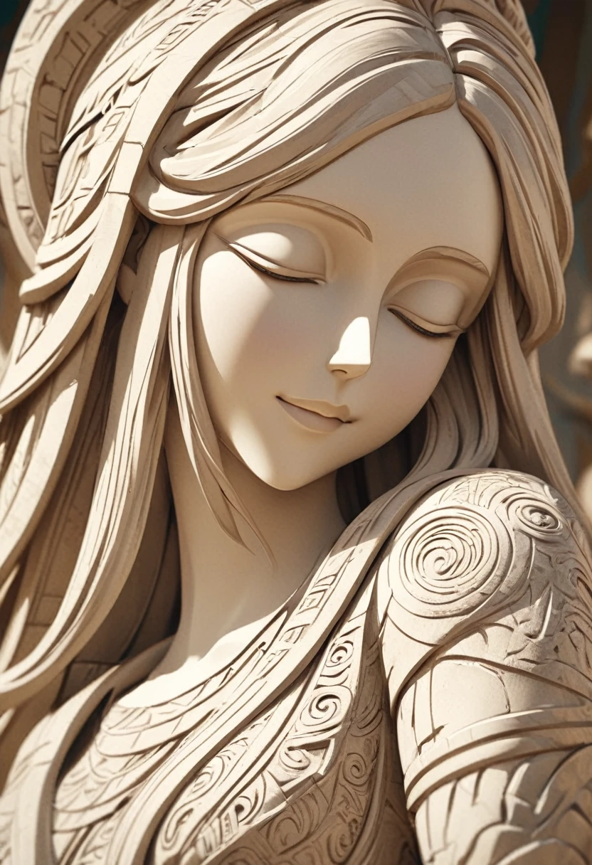( perfect anatomy ) Close-up bust of long-haired woman statue ancient greece elegant smile gorgeous very beautiful greek goddess statue movie atmosphere lighting retro style greek stone statue extremely rich details greek goddess statue, Painted in beige,The color of the statue is beige monochrome with intricate and detailed patterns and textures. Highly detailed structure digital art., high detail, High quality animation style