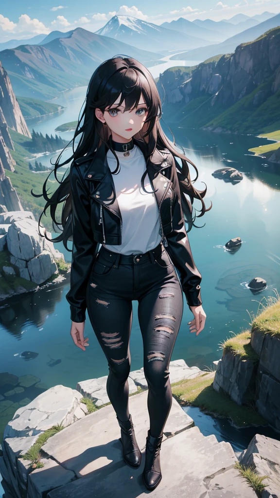 A beautiful girl, standing on a rock,tight jeans,black jacket,wavy hairs, black long hairs, beautiful eyes,red lips, mountains,from top view, beautiful sceneary, high quality, 8k resolution, ultra high quality,best image quality,best image clarity