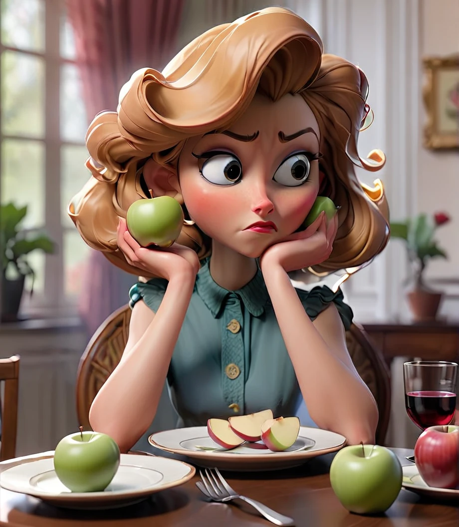 A woman sitting at a dinner table looking at her plate with. Just half an apple