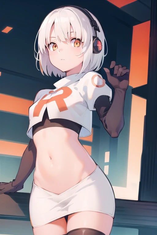 anbydemara, anby demara, (orange eyes:1.5), short hair, white hair,
BREAK, headphones, navel, stomach, team rocket,team rocket uniform,white skirt,red letter R,crop top,black thigh-highs,black elbow gloves,
BREAK looking at viewer, (cowboy shot:1.5),
BREAK (masterpiece:1.2), best quality, high resolution, unity 8k wallpaper, (illustration:0.8), (beautiful detailed eyes:1.6), extremely detailed face, perfect lighting, extremely detailed CG, (perfect hands, perfect anatomy),