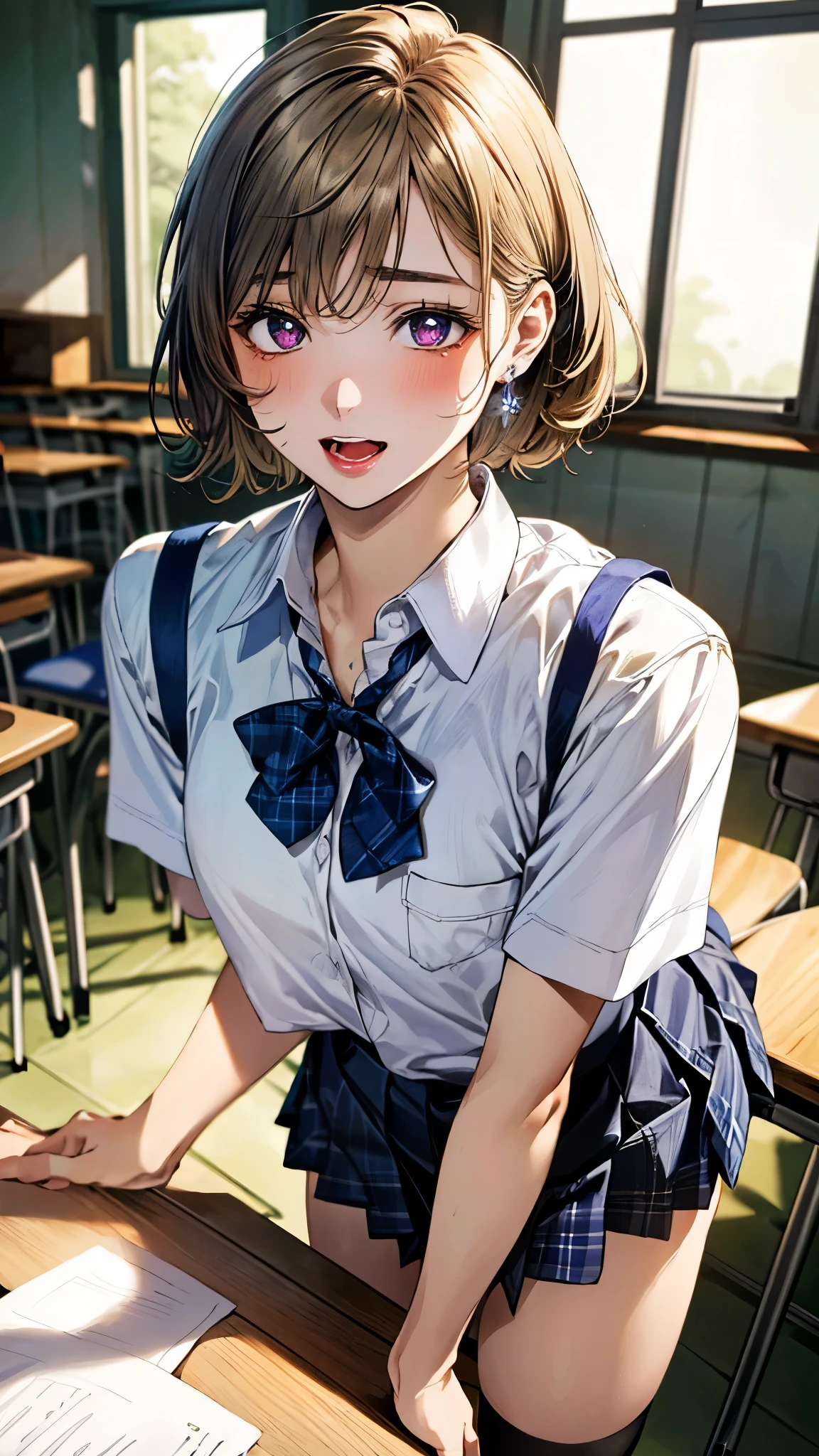 (masterpiece:1.3, top-quality, ultra high res, ultra detailed), (realistic, photorealistic:1.4), beautiful illustration, perfect lighting, natural lighting, colorful, depth of fields, surrealism,
beautiful detailed hair, beautiful detailed face, beautiful detailed eyes, beautiful clavicle, beautiful body, beautiful chest, beautiful thigh, beautiful legs, beautiful fingers, shiny skin, babyface,
looking at viewer, 1 girl, japanese, high school girl, (perfect anatomy, anatomically correct, super detailed skin), cute and symmetrical face, perfect face, perfect eyes, perfect fingers,
(short hair, pixie cut hairstyle, blonde hair), asymmetrical bangs, gold eyes, big eyes, long eyelashes, (medium breasts, seductive thighs), slender, outstanding style,
((detailed cloth texture, break short sleeve white collared shirt, break navy blue suit vest, break blue plaid pleated skirt, break purple blue bow tie), socks, black loafer),
(beautiful scenery), (classroom, desk), (standing, leaning forward), (table humping, crotch rub), (heart shaped pupils, :3, aroused, ahegao, orgasm, in heat, naughty face, open mouth small),
