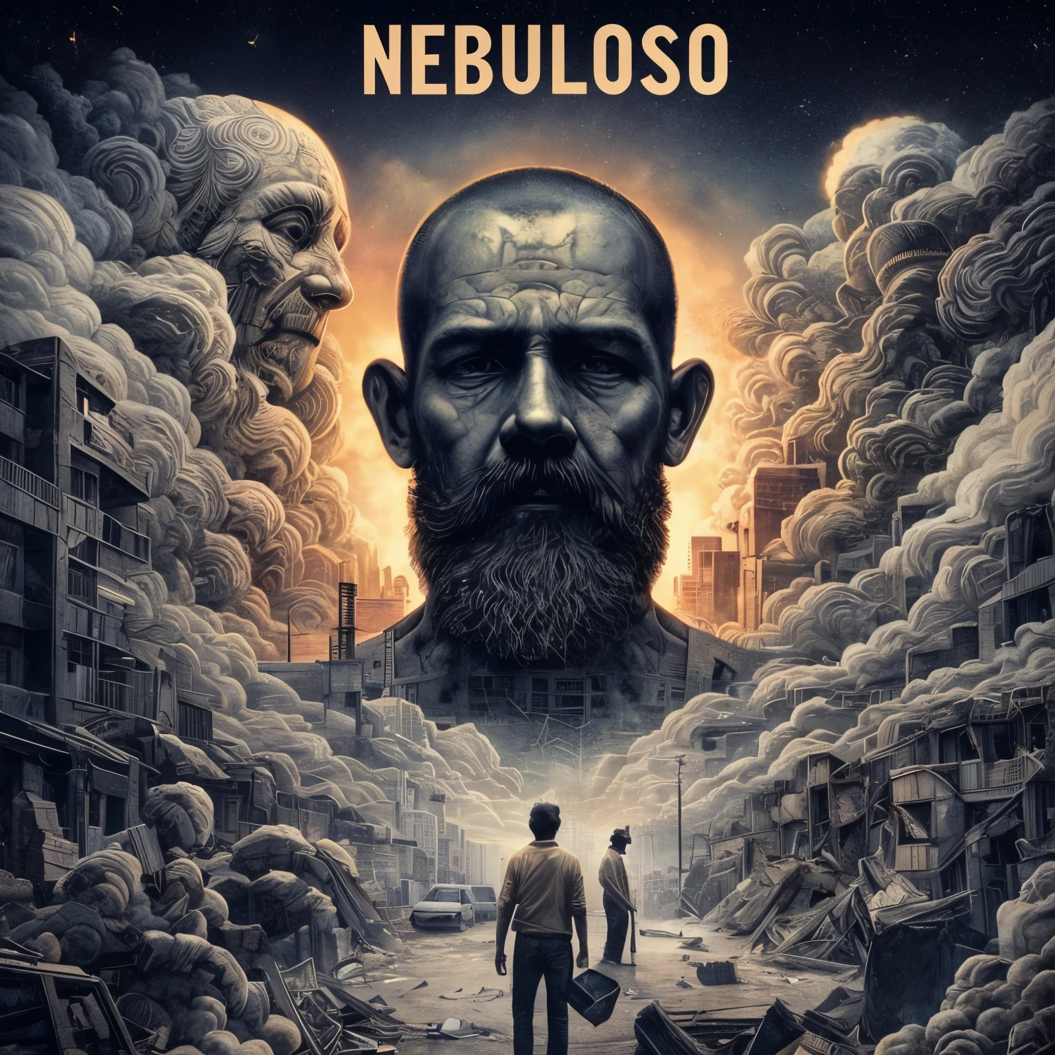 Here is the back cover of your EP “Nebuloso”, following the same artistic idea as the cover:
!Back Cover Nebulous Details:
Complementary Scenario: A ruined urban scene, with collapsed buildings and silhouetted figures.
Elementos visuais: Clouds or smoke, and the same color palette as the cover.
