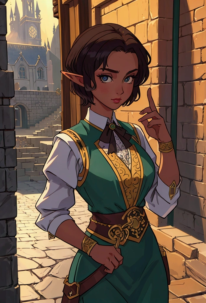 (Masterpiece, Best quality, Top quality, Intricate details, Beautiful, aesthetic:1.2), Highest quality, masterpiece, high resolution, 8k, cinematic lighting, sharp resolution, medium shot, samdoesarts style, beautiful woman, character portrait, 1 female elf, beautiful short dark hair, short hair, rogue, dressed well, britches, and vest, a sickle hangs from her hip, daytime, crowded city streets, fantasy city, cobblestone streets,