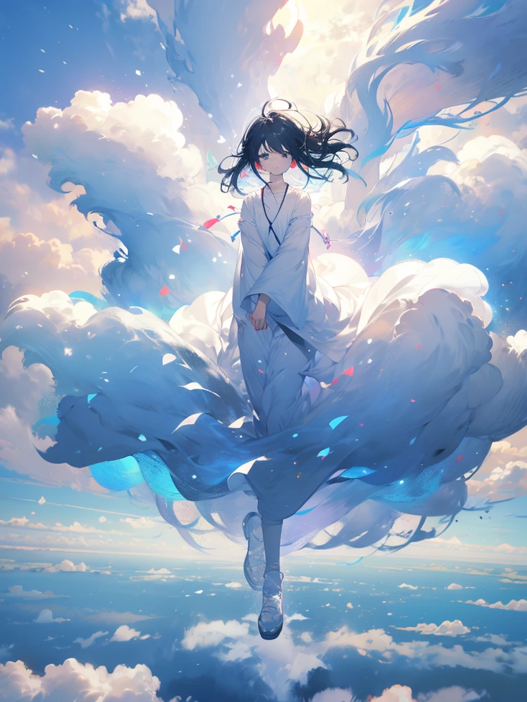 God, in long white clothes, unable to see your feet, in a world above the clouds
