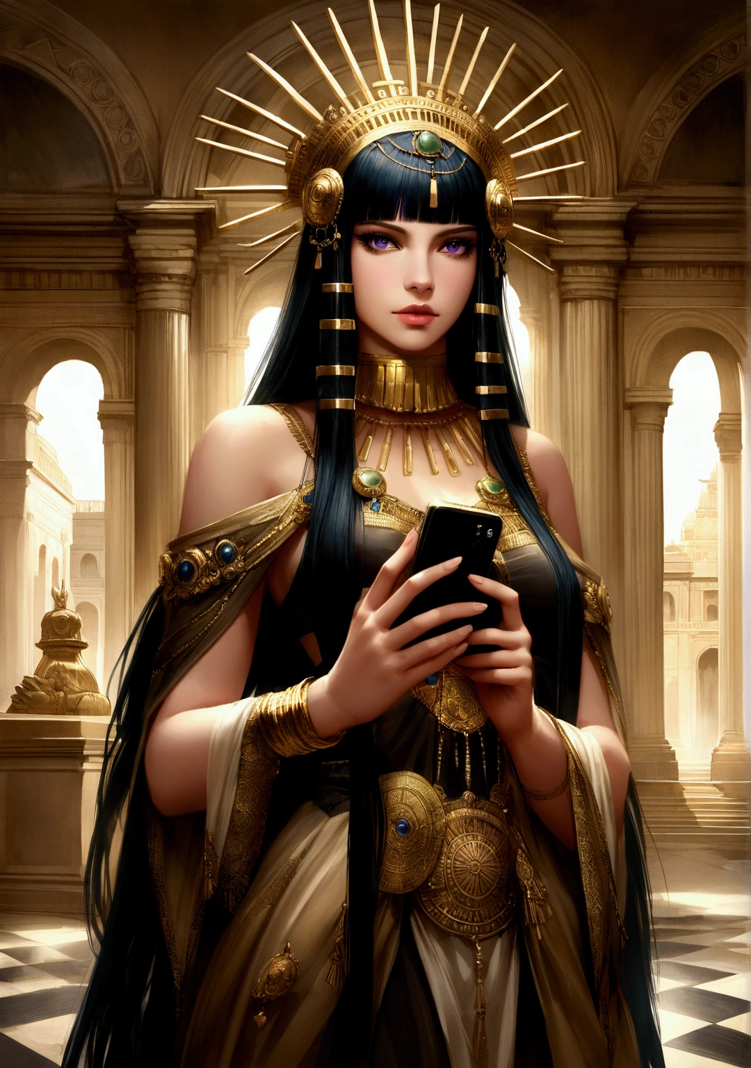 Queen Isis, half-length, adorned with jewelry, holding an ankh in her hands, ancient atmosphere, royal palace, realistic, HD Imagine a large-scale painting, with vibrant, rich colors, depicting the goddess Isis in all her majesty and glory. Isis is at the center of the composition, an imposing and serene figure, radiating power and benevolence. She is depicted in traditional Egyptian attire., adorned with elaborate jewelry of gold and precious stones, that twinkle in the soft light. Your dress is deep blue, symbolizing purity and wisdom, while your golden cloak floats lightly, suggesting movement and divine energy.
Isis wears a crown composed of a stylized throne, representing your name, and a solar disk between two cow horns, symbolizing your connection to heaven and celestial power. Your eyes are big and expressive, showing both compassion and inner strength. Around her, an aura of golden light emanates, suggesting his divinity and protection.
in background whith, there is a scenery of the Nile at dusk, with palm trees and ancient temples, creating a mystical and sacred environment. Sacred birds, like the ibis and the falcon, fly around, representing your connection to nature and the gods. The sky is dyed orange and purple, reflecting the tranquility and reverence of the moment.